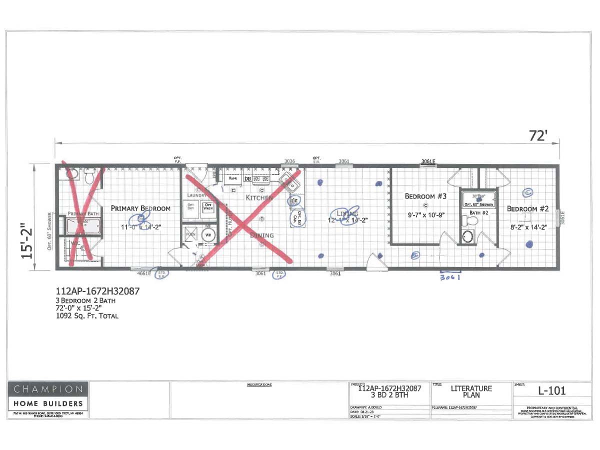 Floor plan of a 72-by-15-foot manufactured home with three bedrooms, two bathrooms, a kitchen, and living area. Red X marks appear over the living room, dining area, and kitchen spaces.