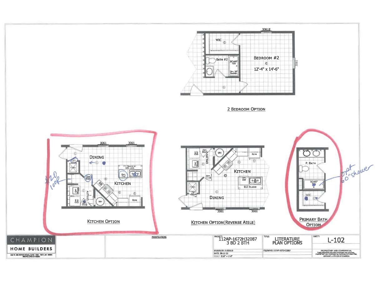 A floor plan layout from Champion Home Builders showing kitchen and bathroom options. Two kitchen layouts are circled on the left and a primary bath option with a front shower is circled on the right in blue ink.