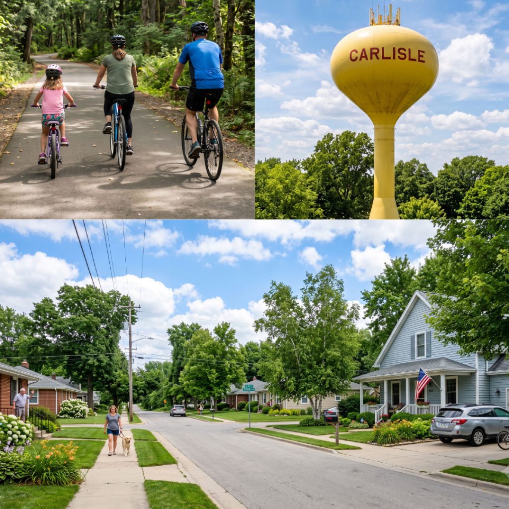 About Carlisle: Three images showcase people biking a wooded path, the iconic yellow “Carlisle” water tower, and a charming residential street lined with trees and neighbors out walking.